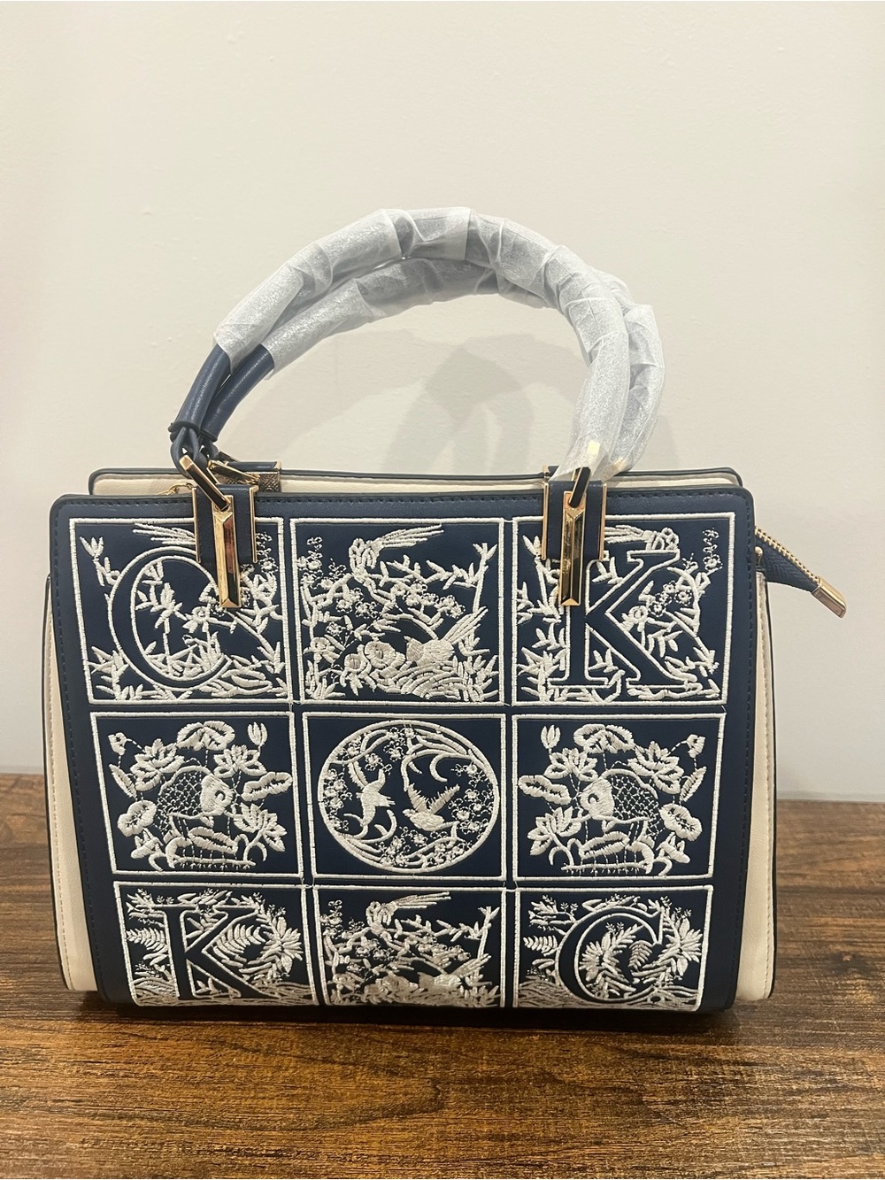 Verano Hill Havilah Navy Blue Embroidery Tile Panel Satchel Handbag - NWT
